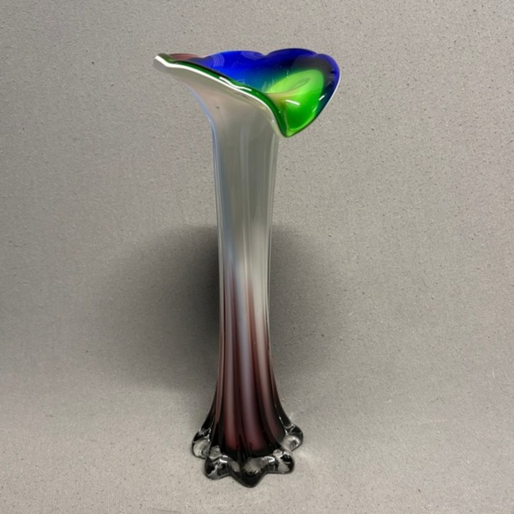 Art Glass Swirl Rim Vase 12in Multicolor Hand-Blown Style Home Decor‎